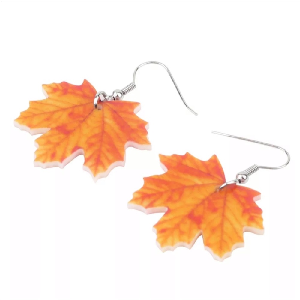 New Orange Maple Leaf Acrylic Hang Earrings - Picture 2 of 13